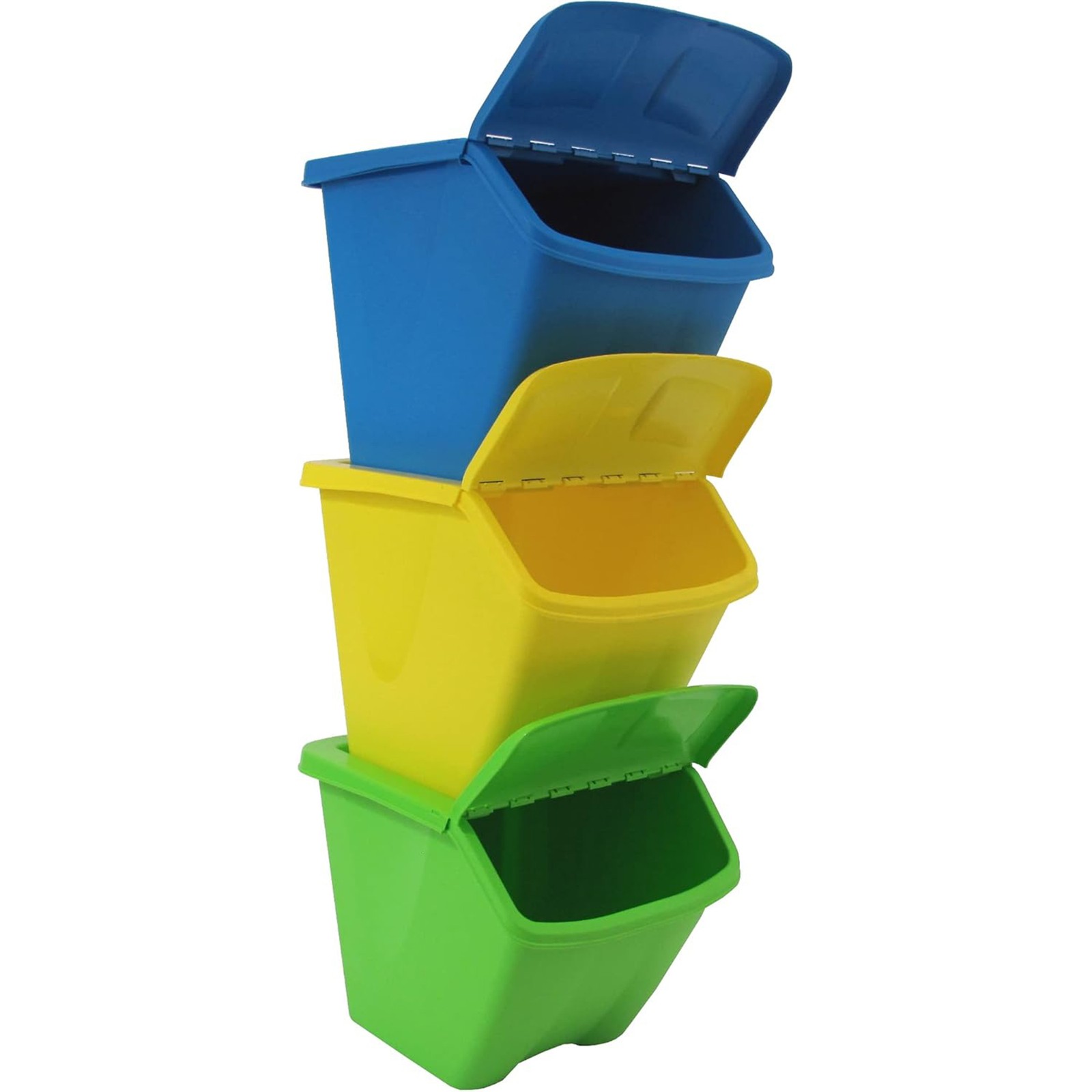Redmon 10-Gal Stackable Shutter Bins, 3-Piece Recycling Storage Set, Multi-Color