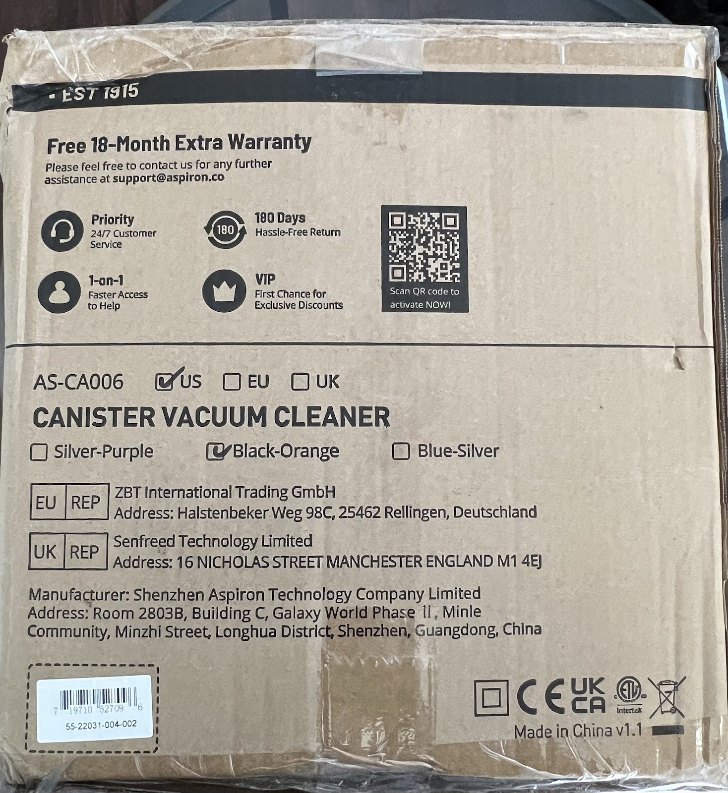 Aspiron AS-CA006 Canister Vacuum Bagless HEPA 3.7QT Black-Orange