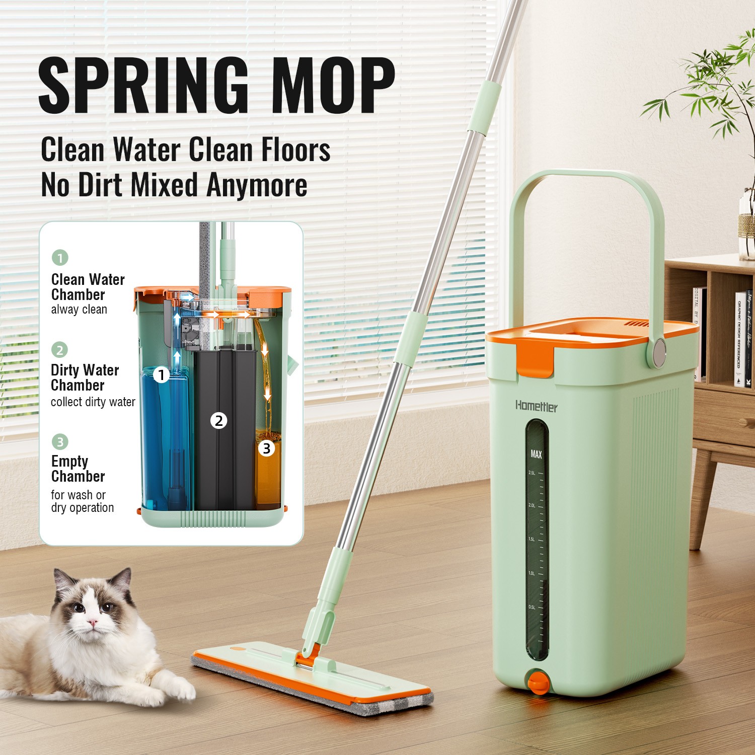 Hands Free Flat Mop and Bucket Set Floor Cleaning with 2pcs Microfiber Mop Pads