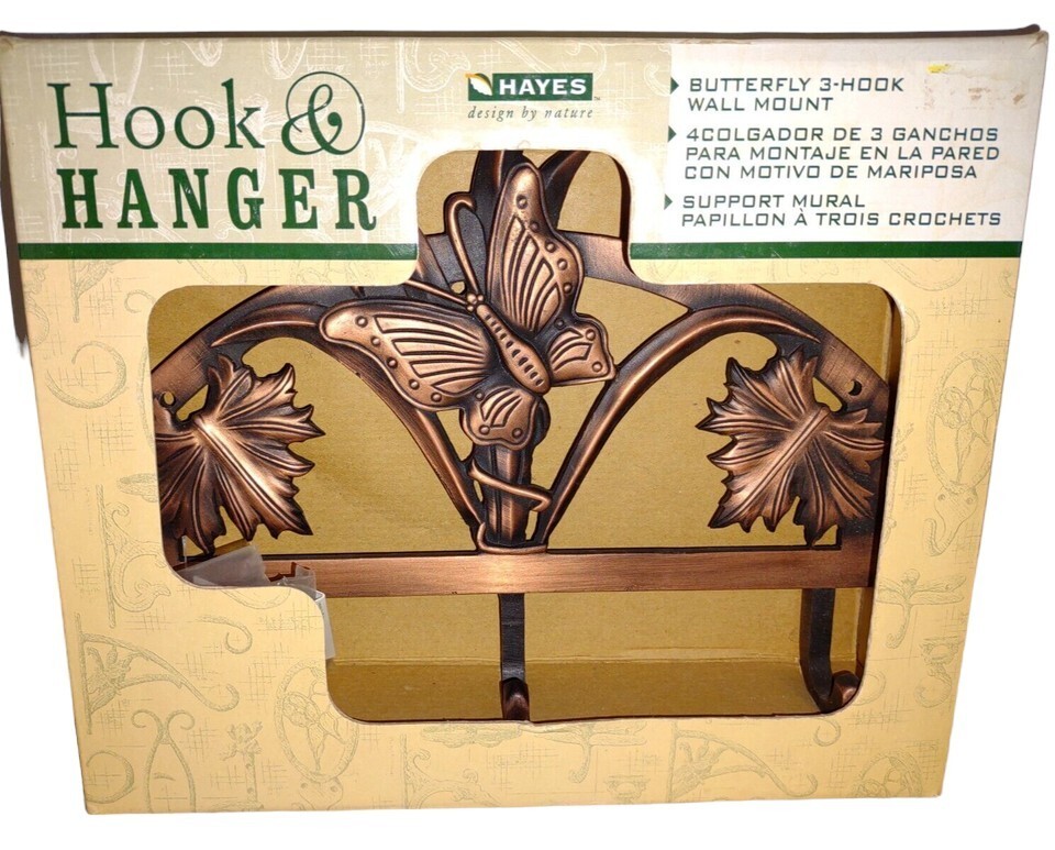 Hayes Butterfly Flower 3 Hook Wall hanger Antique Copper Metal NEW # 78156 10″