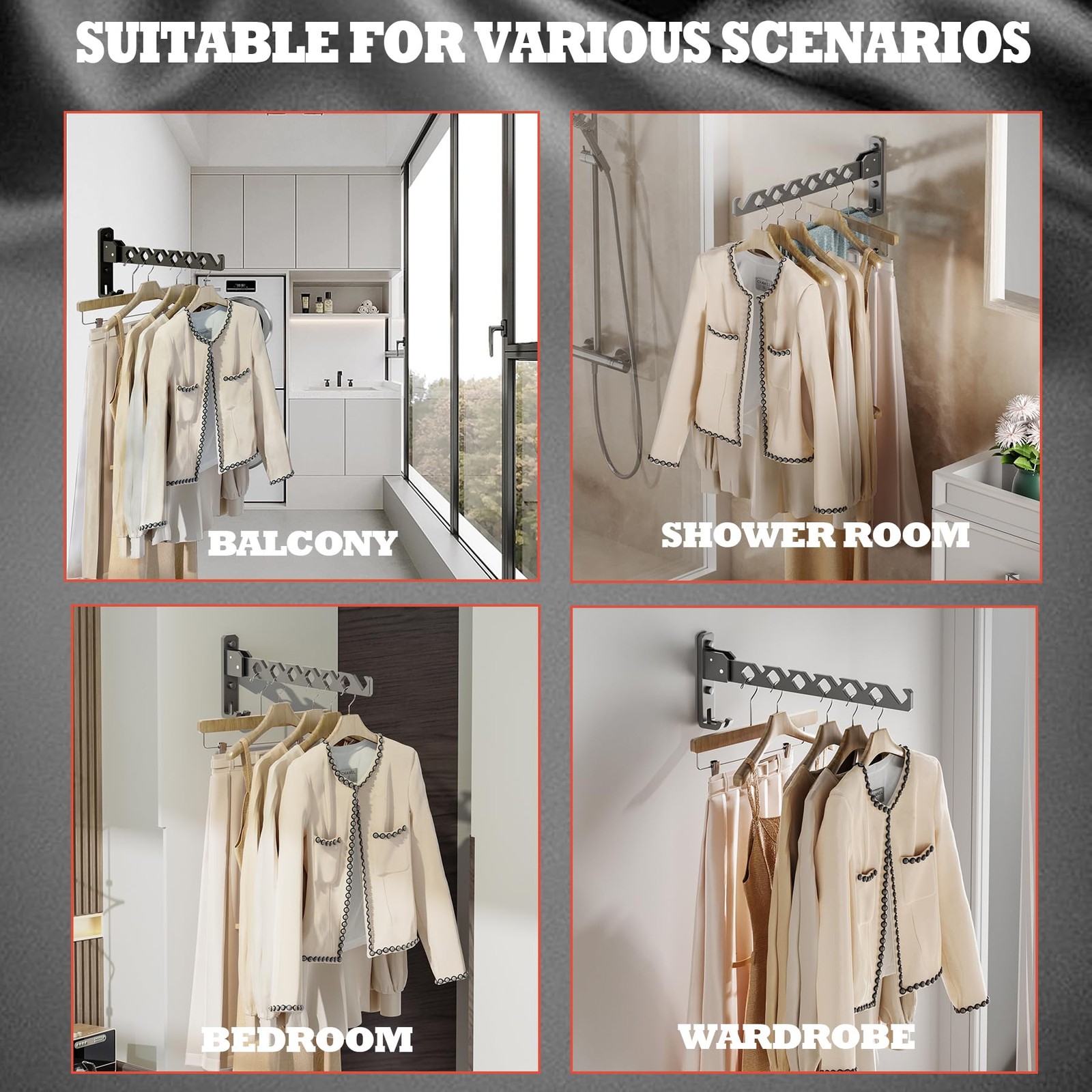 Dr.DJ Wall Mount Coat Hanger Holder Black Clothes Drying 2racks