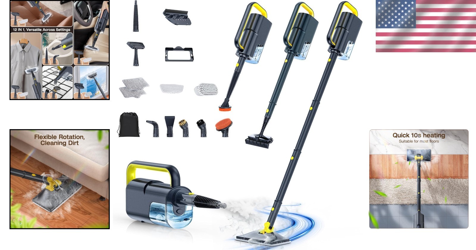 10-in-1 Steam Mop Cleaner, Quick Heat, 350ml Tank, Gray