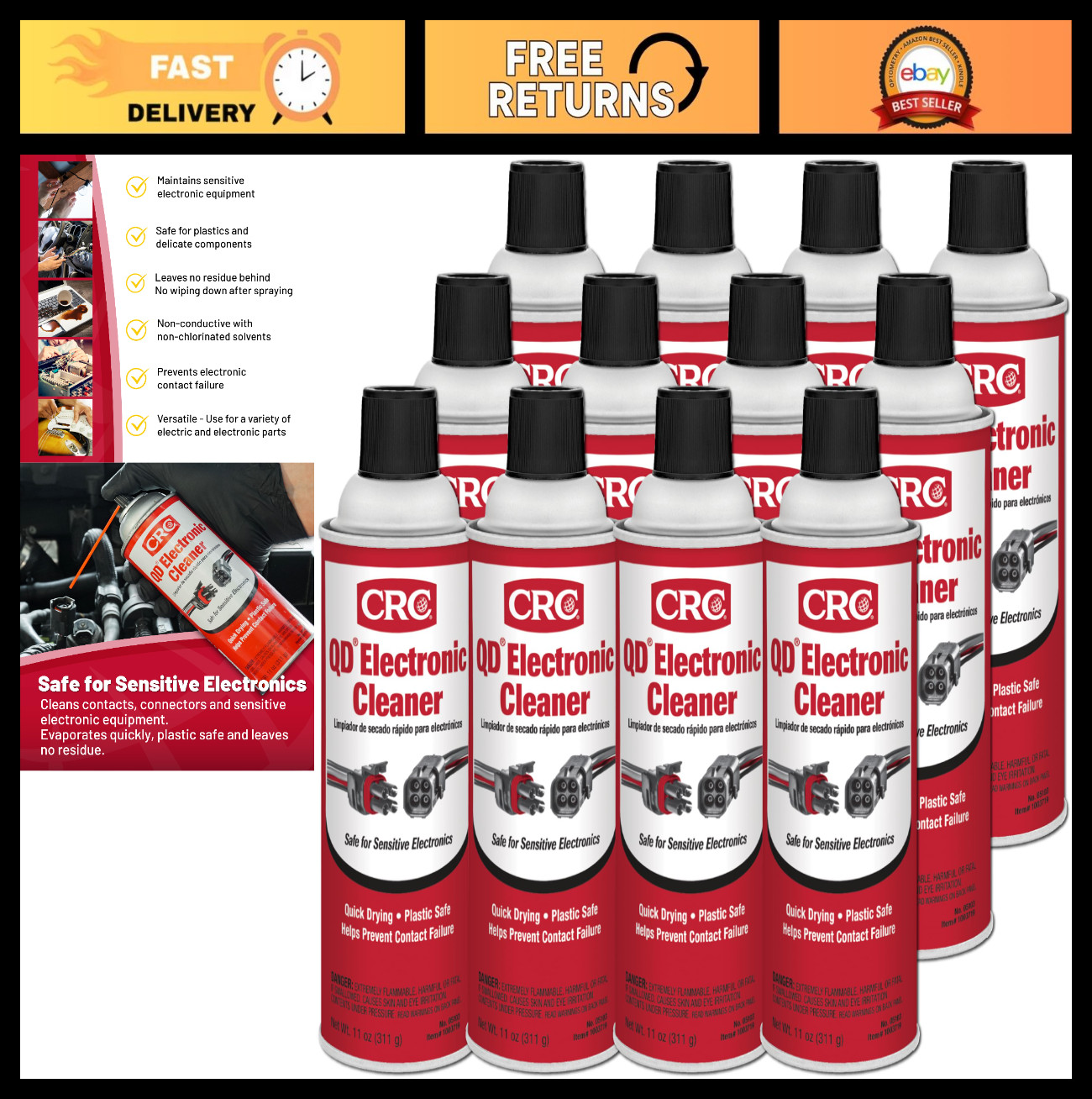 Quick Dry Electronic Cleaner 11 oz – 12 Pack, Fast-Drying, Safe for Electronics