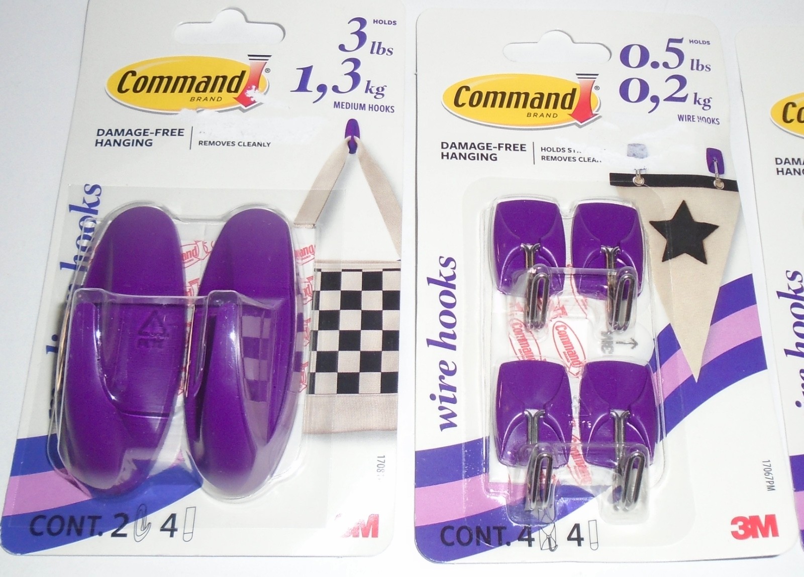 NEW PURPLE 3M COMMAND STRIPS WIRE & MEDIUM HOOKS .5 LBS. & 3LBS. – 12 HOOKS