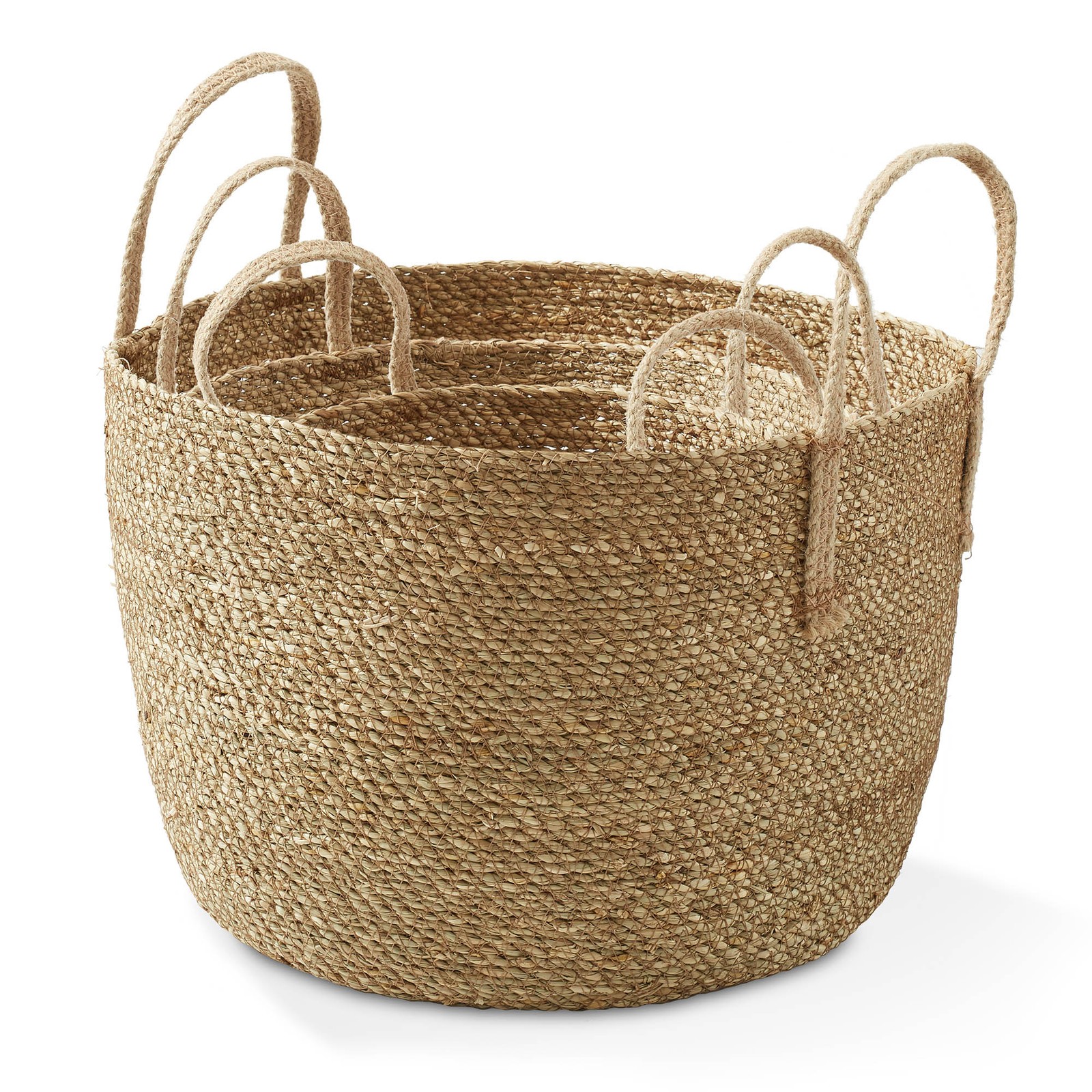 3pc Seagrass Basket Planters w Jute Handles, Boho Woven Storage Bin Plant Covers