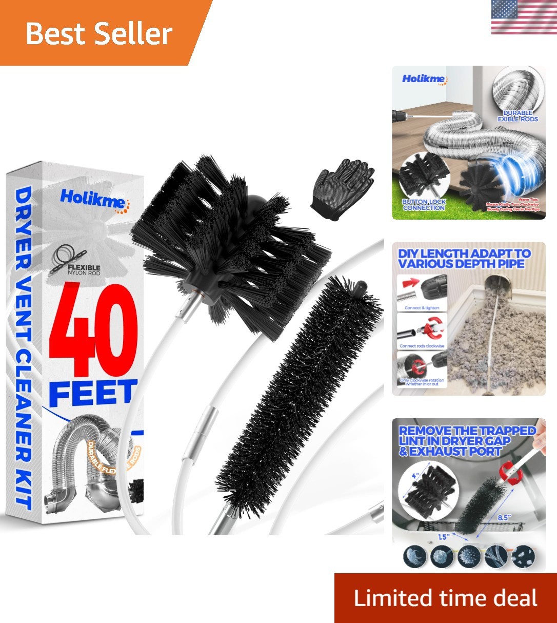Dryer Vent Cleaner Kit – 40Ft Flexible Lint Brush for Deep Cleaning | Dryer V…