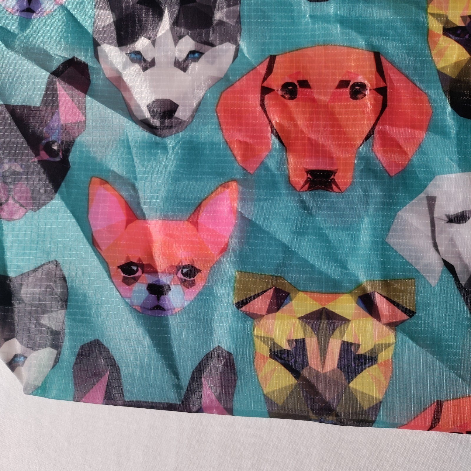 BeeGreen Reusable Nylon Shopping Teal/ Blue Tote Bag with Dog Faces All Over