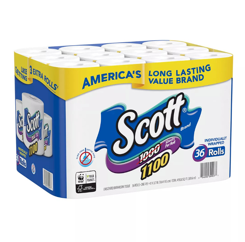 Scott Bathroom Tissue, 1-Ply, 1100 Sheets, 36 Rolls Toiler Paper FAST SHIPPING