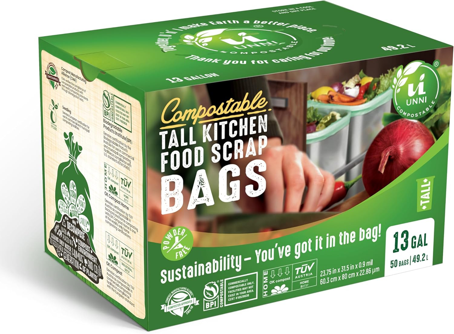 Compostable Trash Bags, 13 Gallon / 49.2 Liter, 100 Count, Extra Thick 0.9 Mi…
