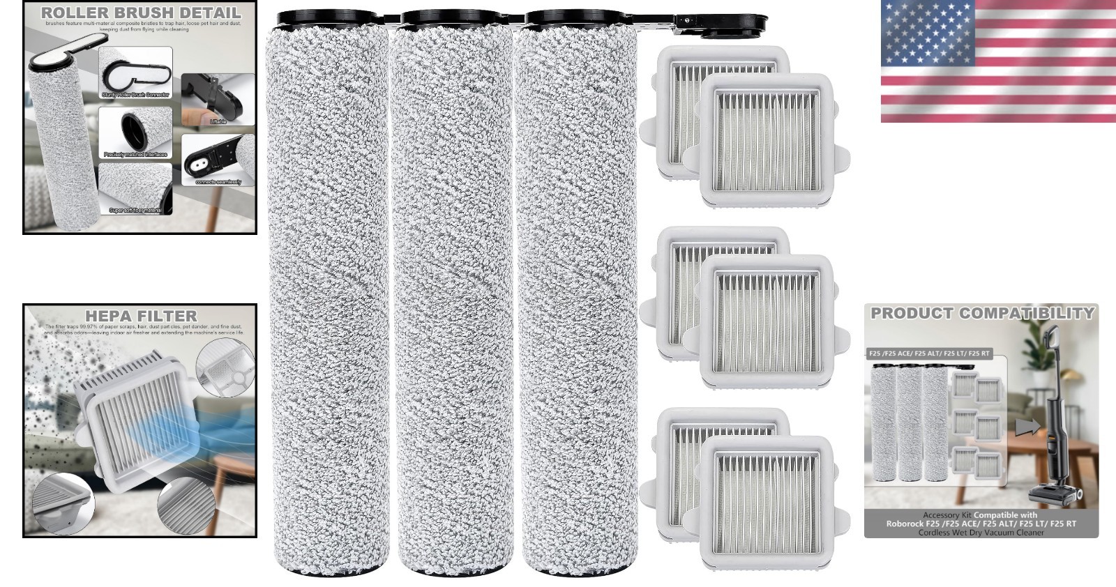Complete Replacement Accessory Set for Roborock F25 – Brushes & HEPA Filtration