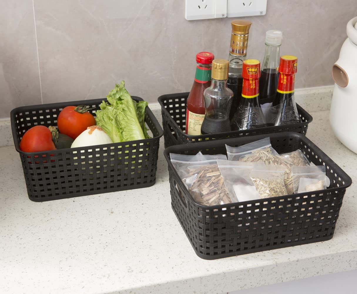 6 Pack Black Plastic Woven Storage Baskets Weave Organizer Kitchen Office Box