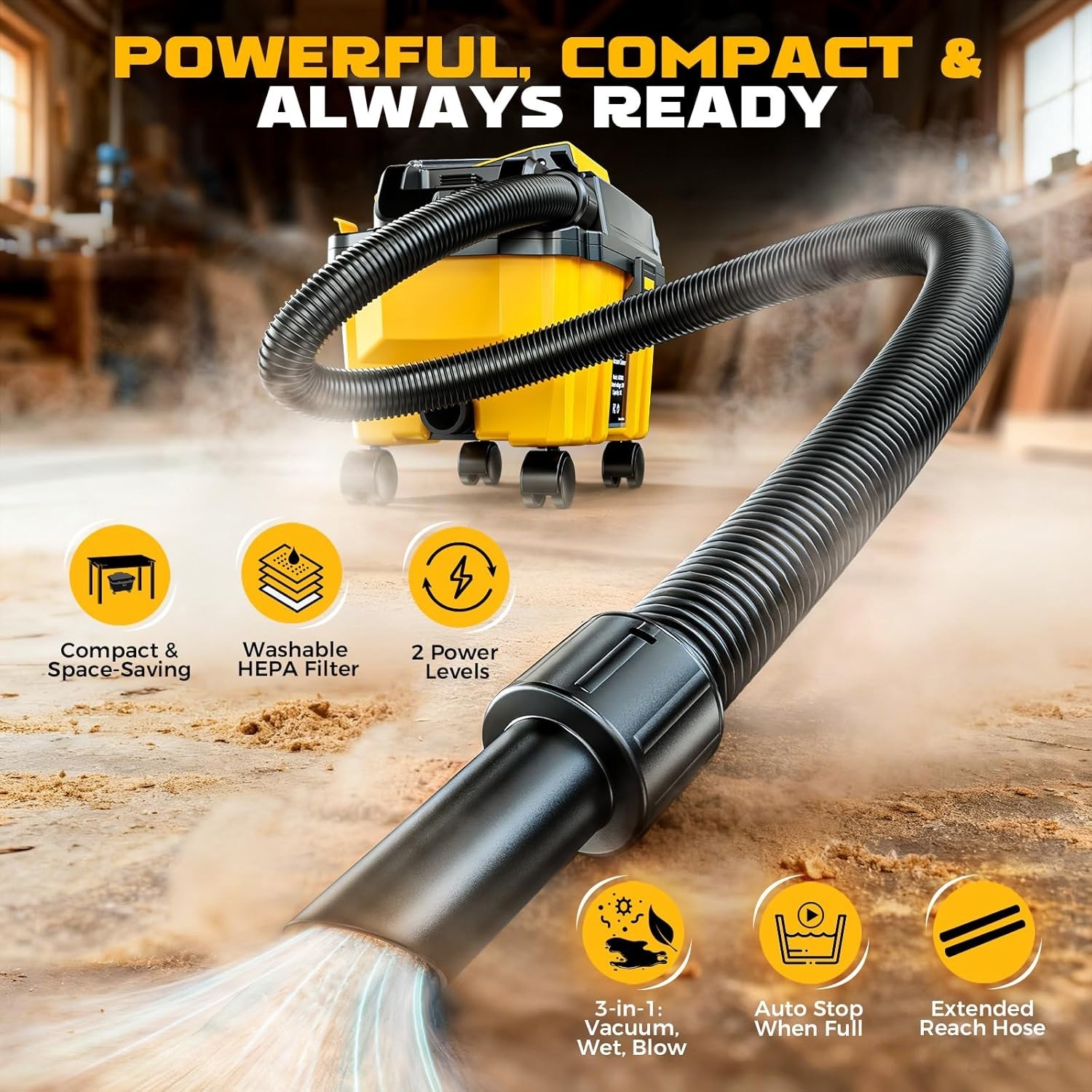 2.5 Gal Cordless Wet Dry Vacuum Compatible with DeWalt 20V Battery, 3-in-1 Shop