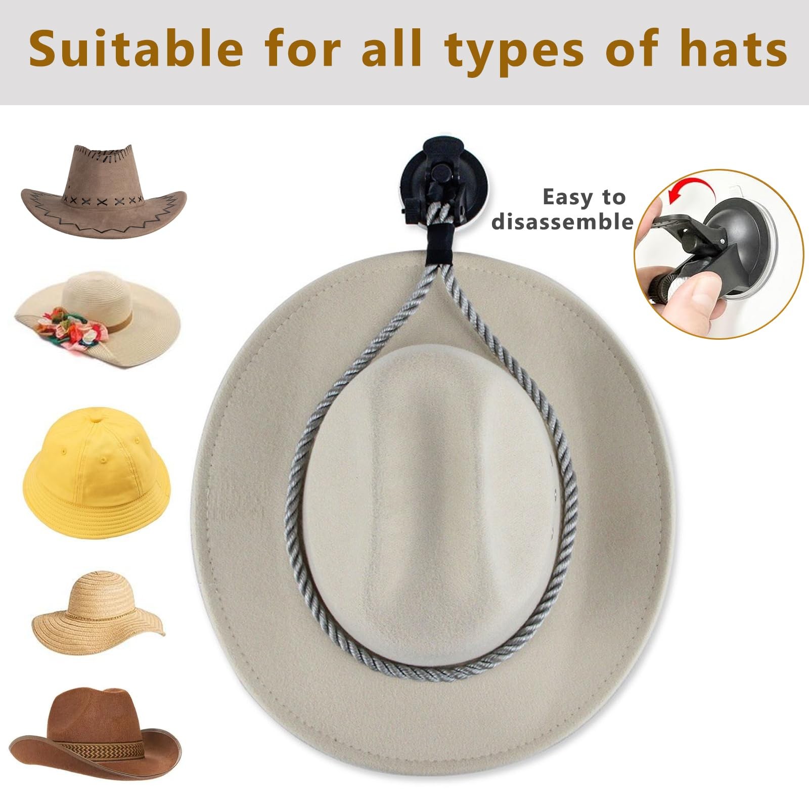 Cowboy Hat Holder for Trucks & Cars – 2Pack Suction Cup Hat Rack, Universal H…