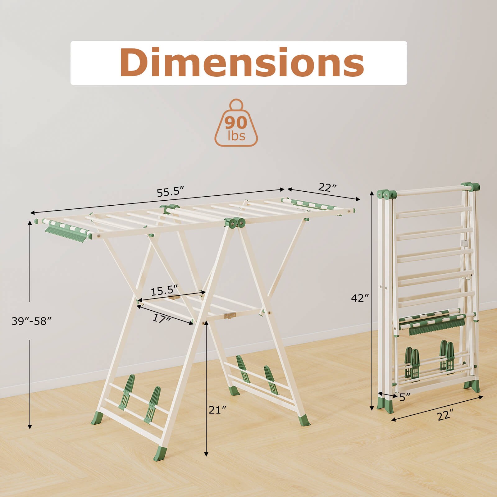 Foldable Metal Laundry Drying Rack w/Height Adjustable Wings, 16 Drying Rails