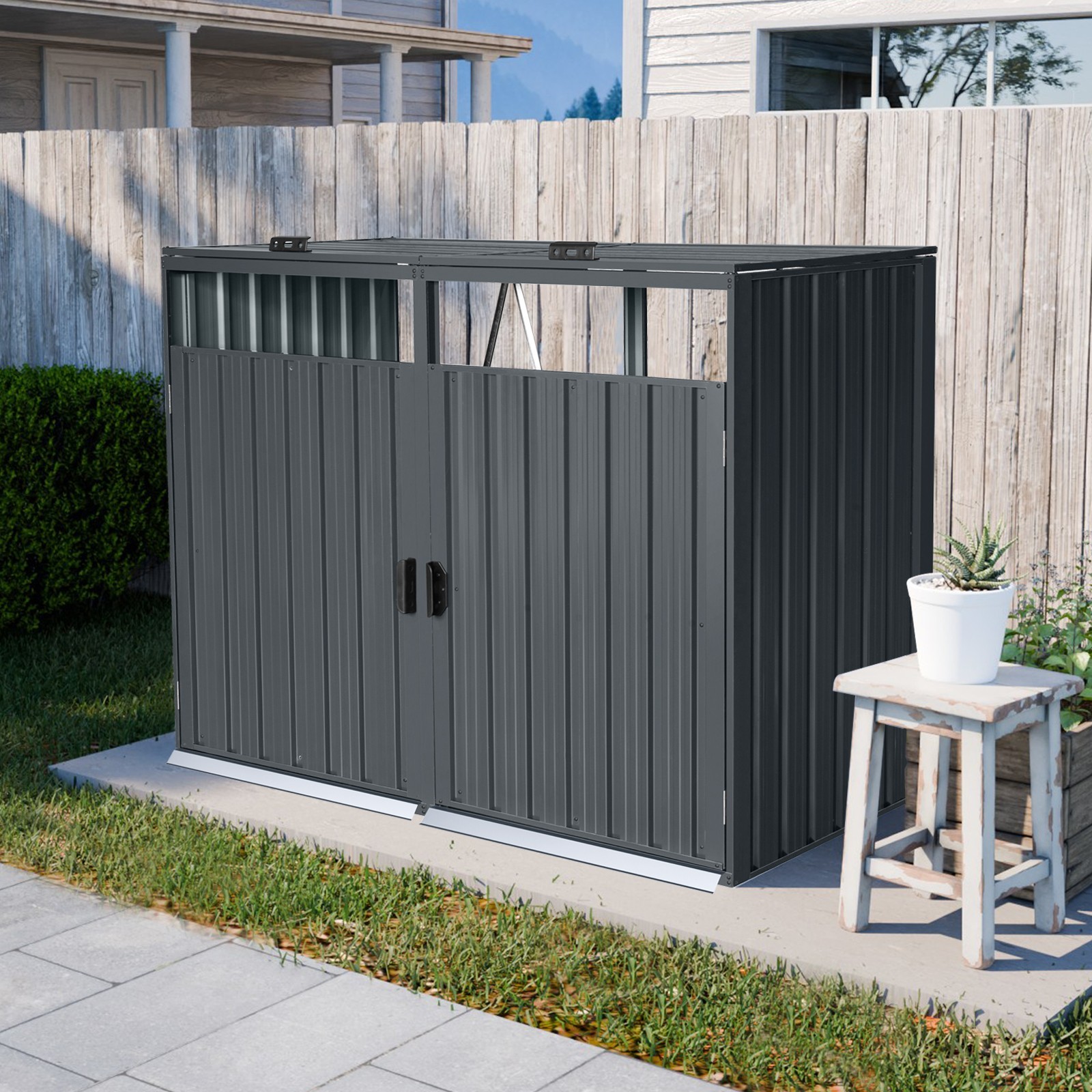 Outdoor Garbage Bin Shed Stores 2 Trash Cans Metal Bin Shed for Garbage Storage