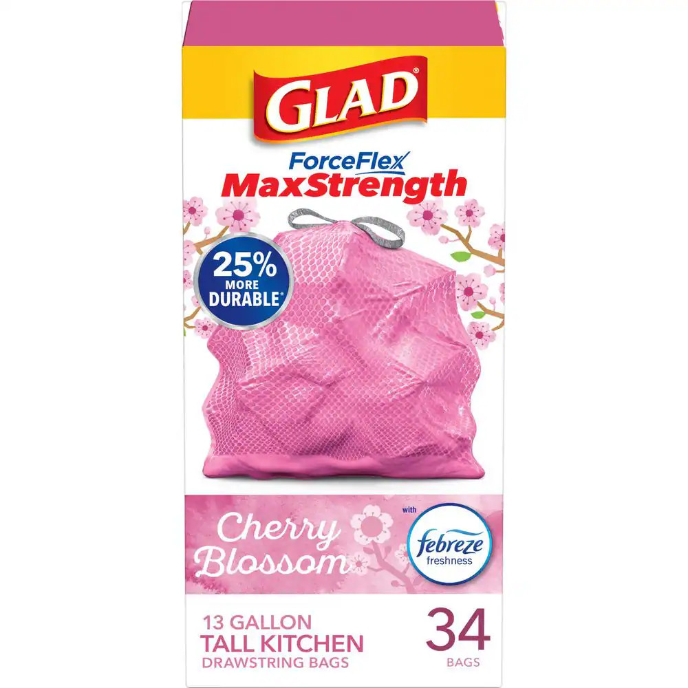 13 Gal. Forceflex Maxstrength Tall Kitchen Drawstring Cherry Blossom with Febrez