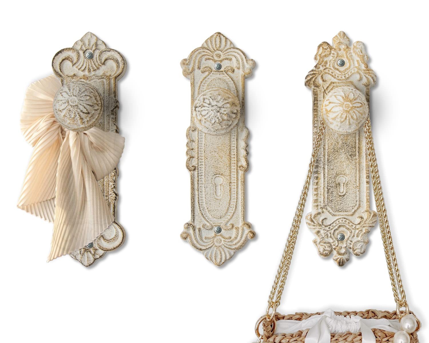 Shabby Chic Cast Iron Decorative Wall Mounted Hooks – Rustic White – Door Kno…