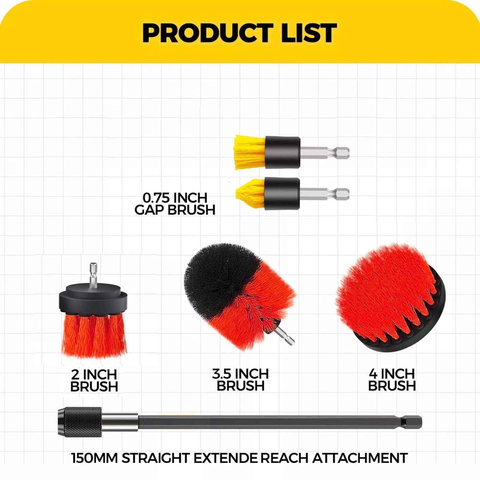 Red 6 Pack Drill Brush Attachment Scrubber Brushes Set Kit with Bit Extension