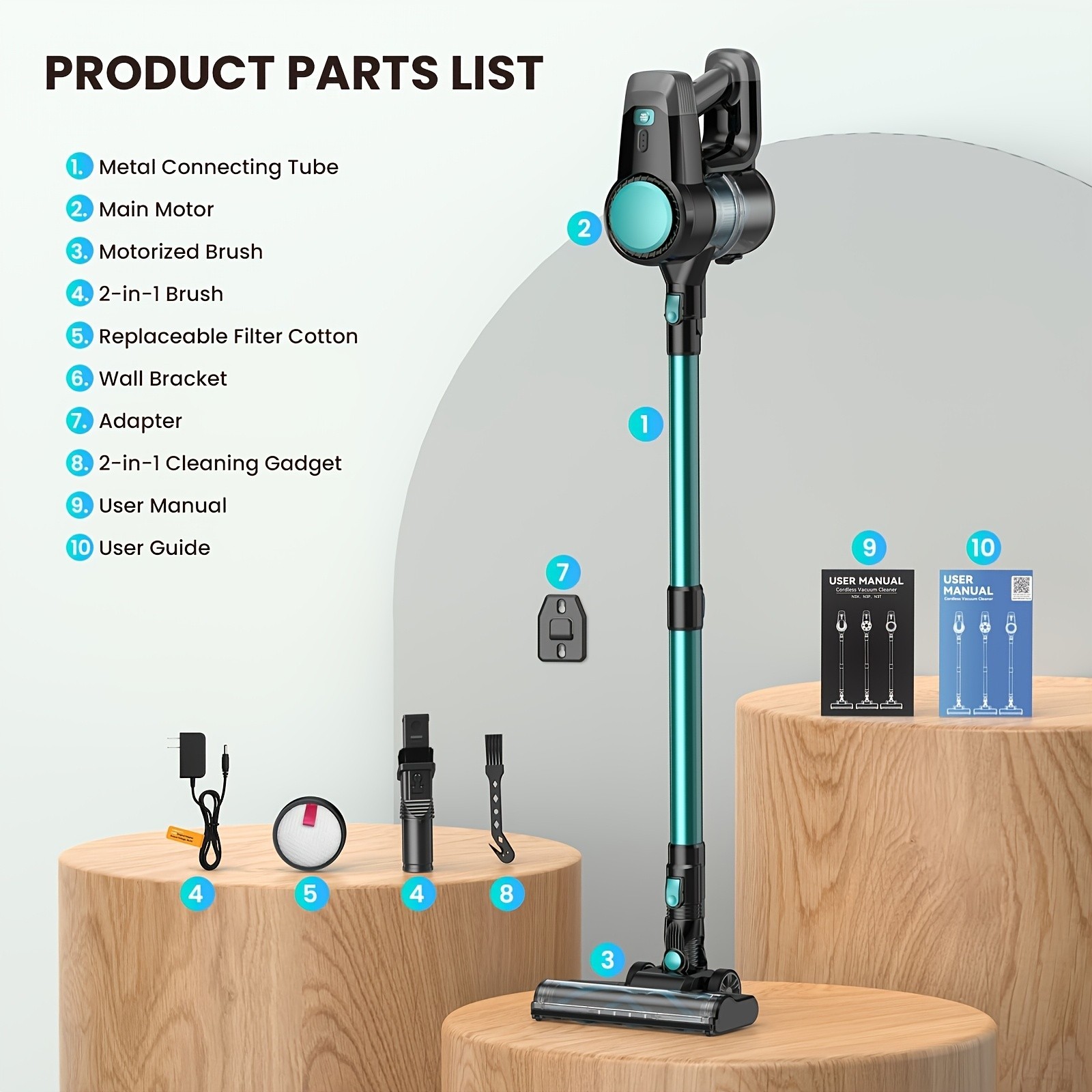 2200mAh POWEART N3 Cordless Vacuum Cleaner for home, Powerful LED Floor Brush Va