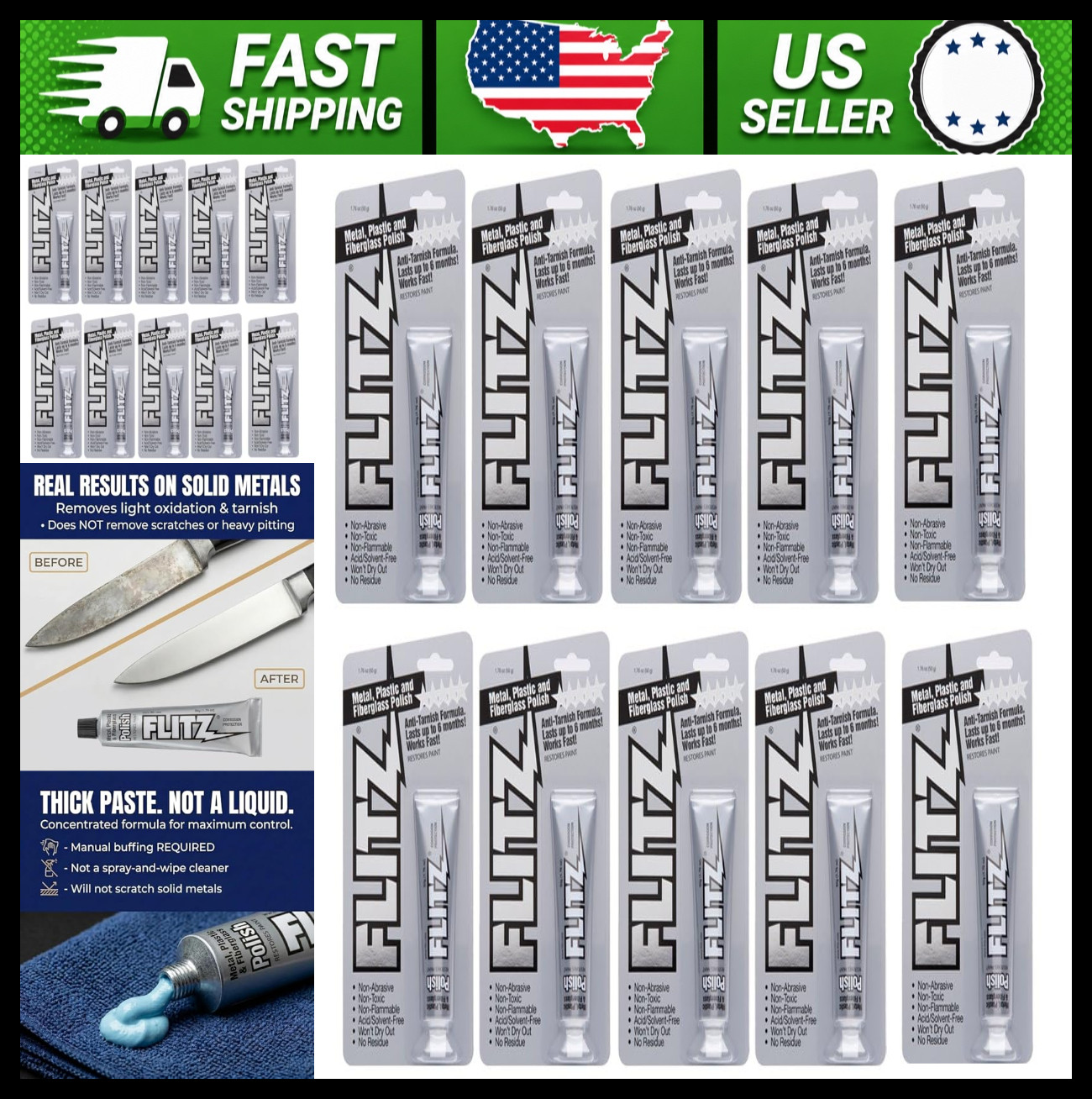 Flitz Metal Polish Paste 1.76oz for Chrome Stainless Steel Aluminum 10 Pack