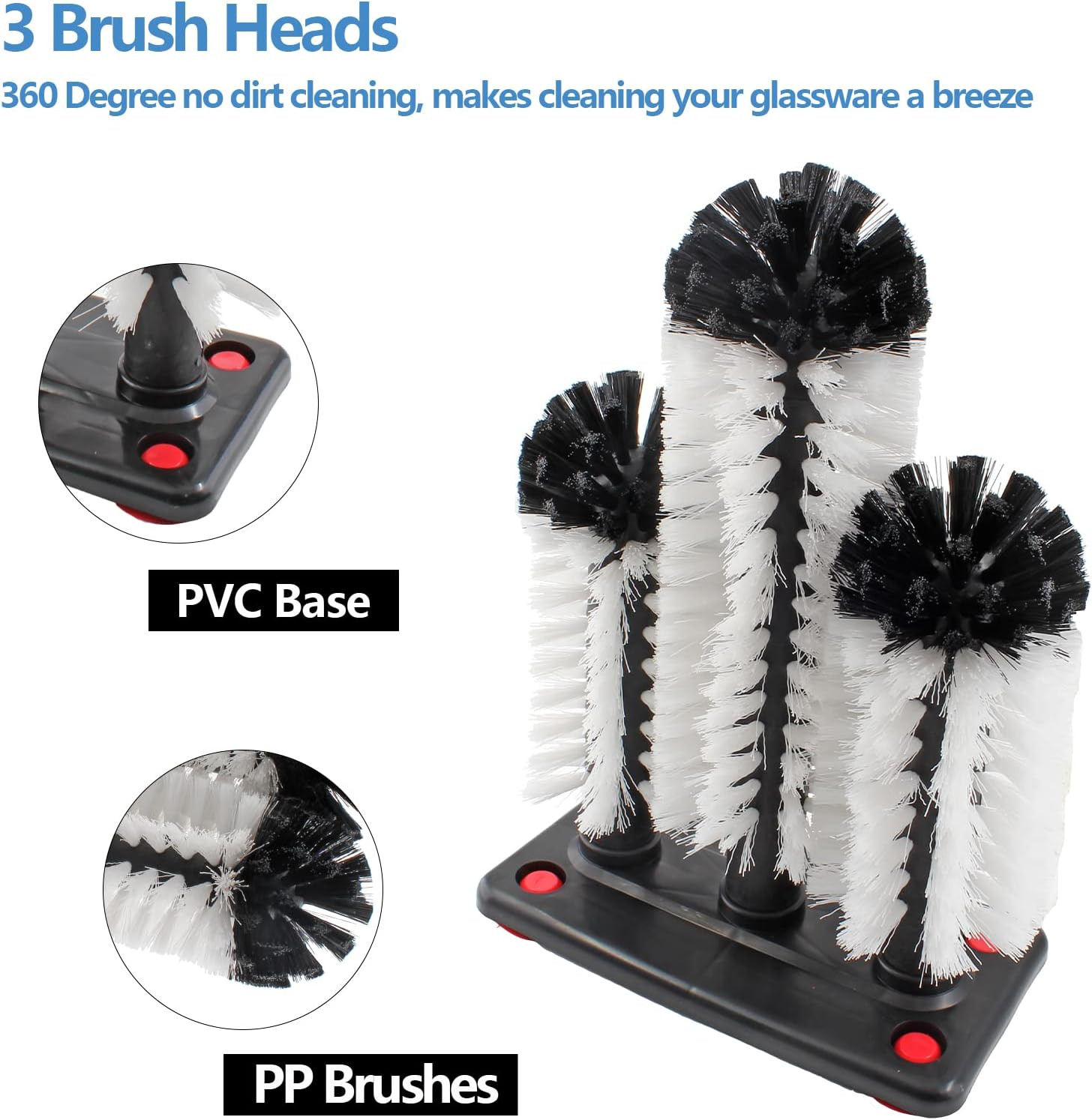 3 Brush Bar Glass Washer with Suction Base, Commercial Brush Cleaner Bristle Bru