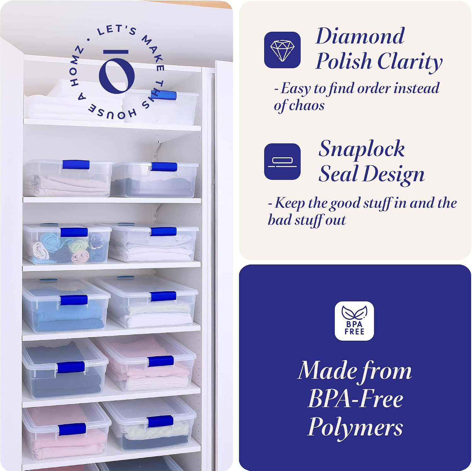 12-Pack Secure Latch, Clear Plastic Storage Organizer Bins, 15.5 Quart, Blue – S