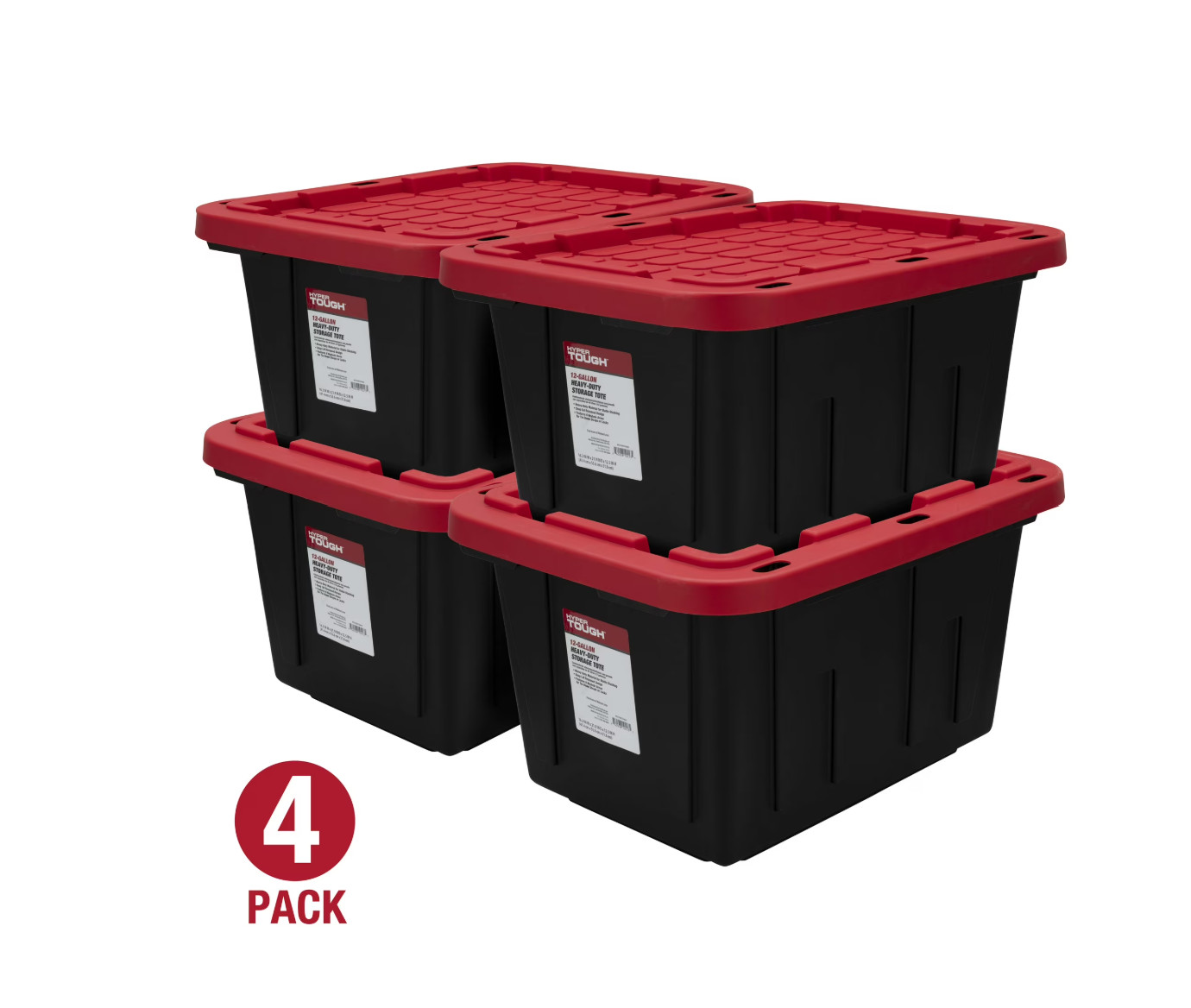 (Pack of 4) Hyper Tough 12 Gallon Small Storage Bin with Snap Lid, Black and Red