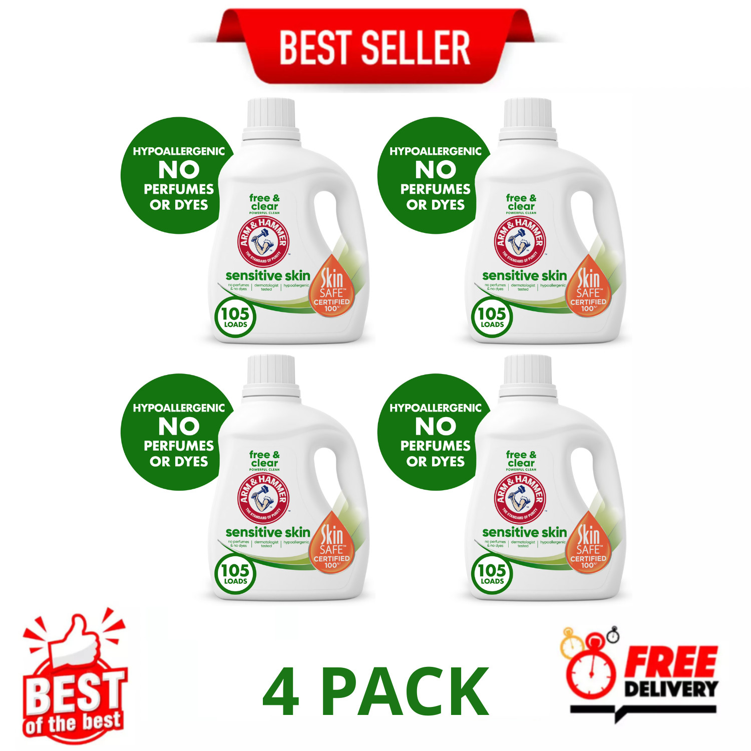 ARM & HAMMER Free & Clear Sensitive Skin Detergent 105oz 105 Loads, 4 Pack