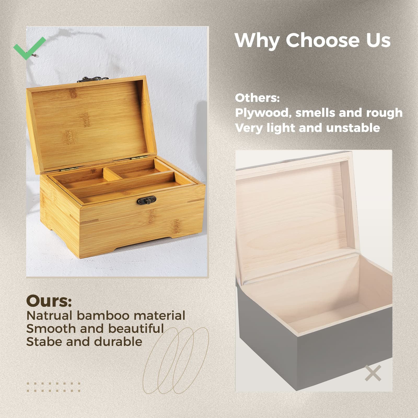 CDOKY Large Wooden Box with Hinged 7.08 x 4.72 x 3.93 inches, Light Brown