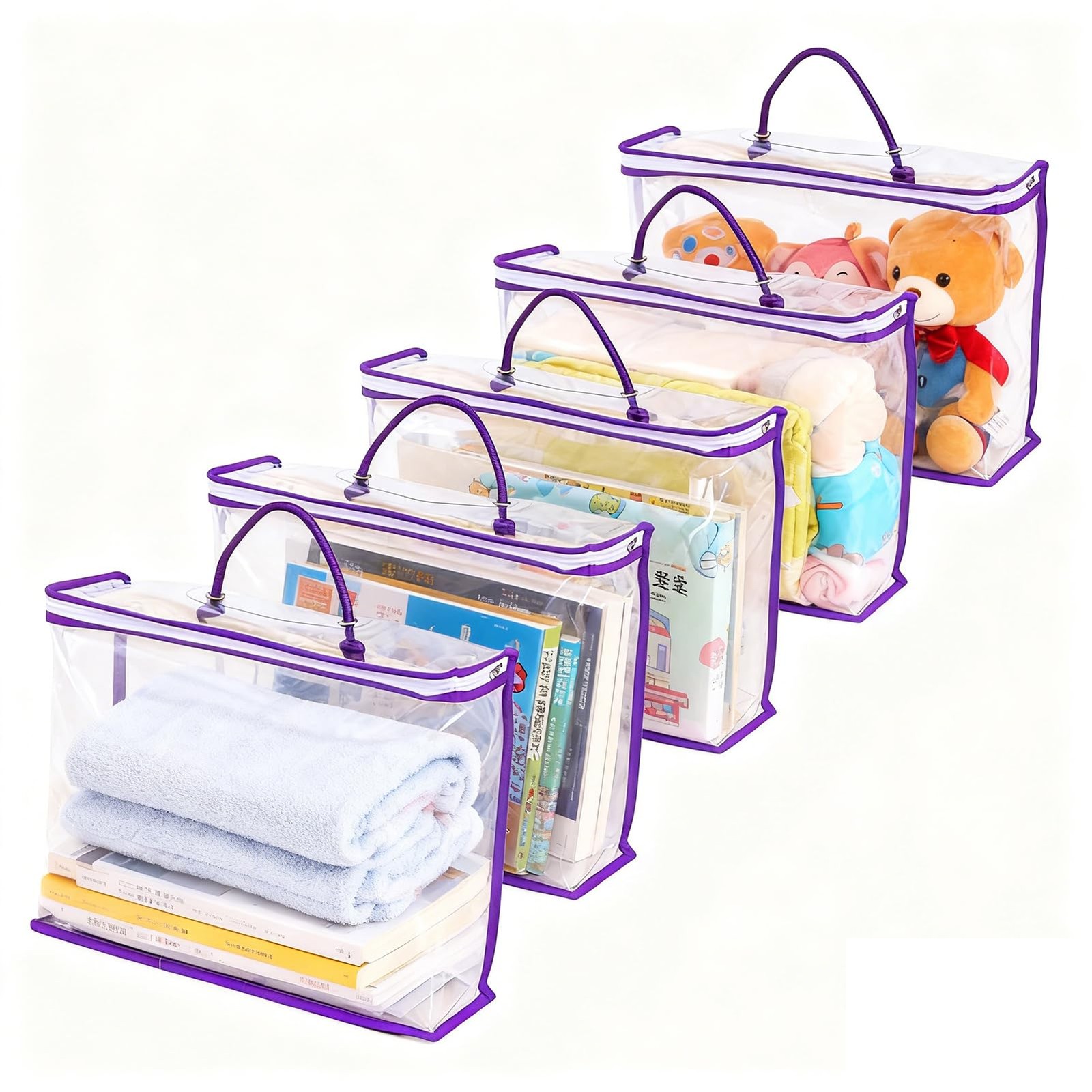 5 Pack Clear PVC Storage Bags with Reinforced Handles, Waterproof purple