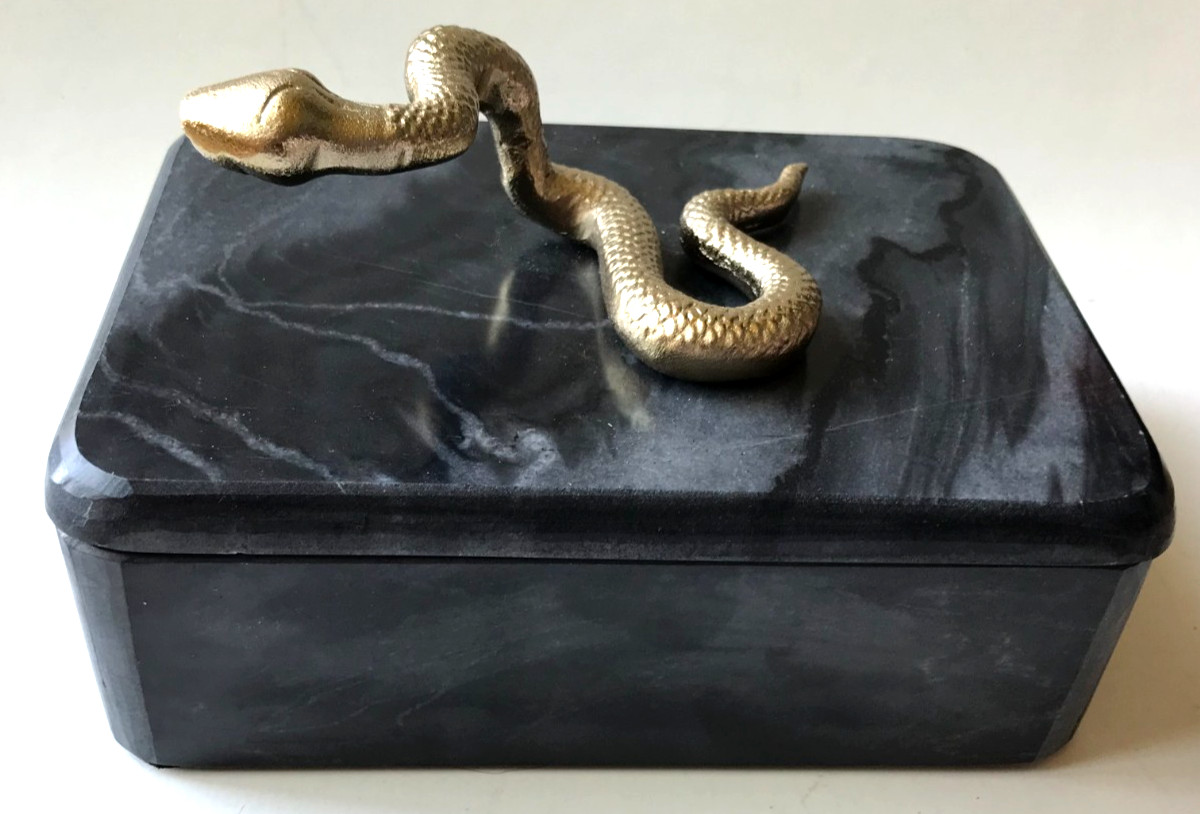 New Black & Gray Marble Box, 7 x 5 x -4-1/2″, “Gold” Snake on Lid, 5-1/2 lbs