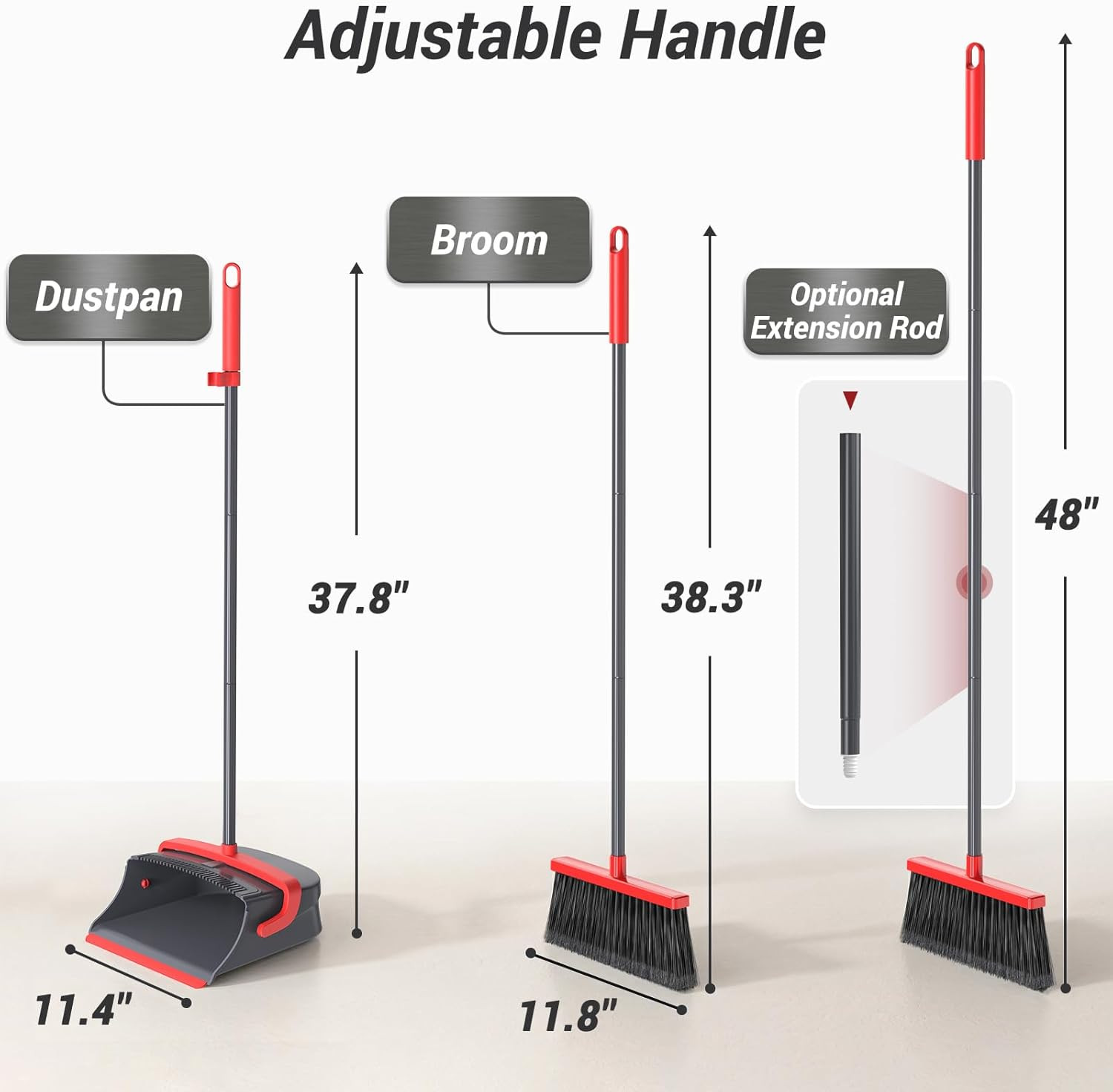 Broom with Dustpan Combo Set, Long Handle Upright Standing Self-Cleaning Broom a