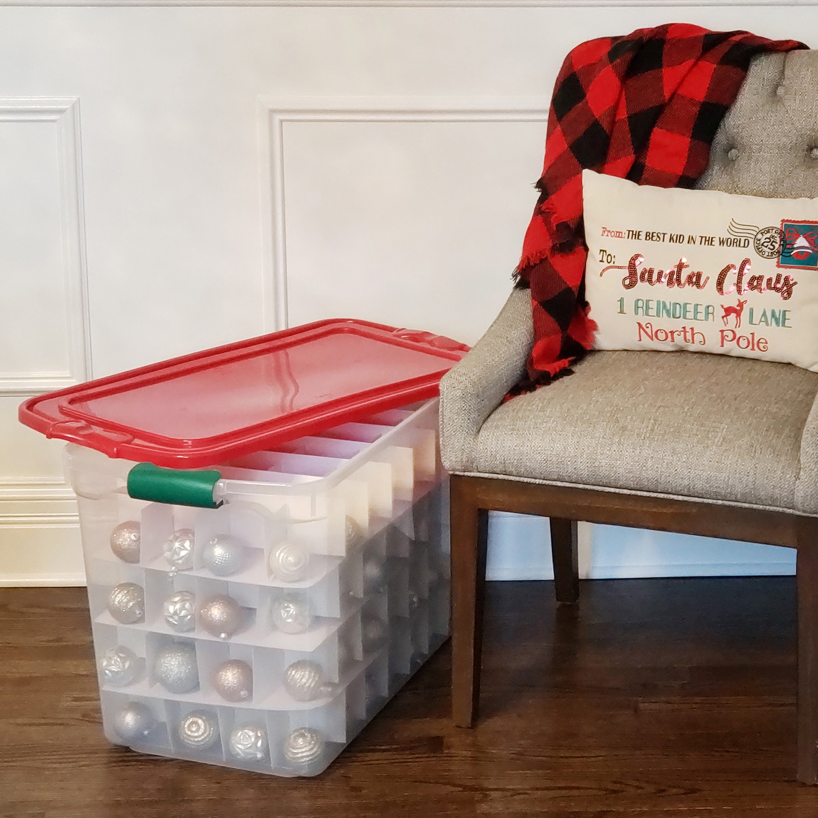 HOMZ 112-Quart Holiday Clear Plastic Ornament Storage, Red/Green, 2 Pack