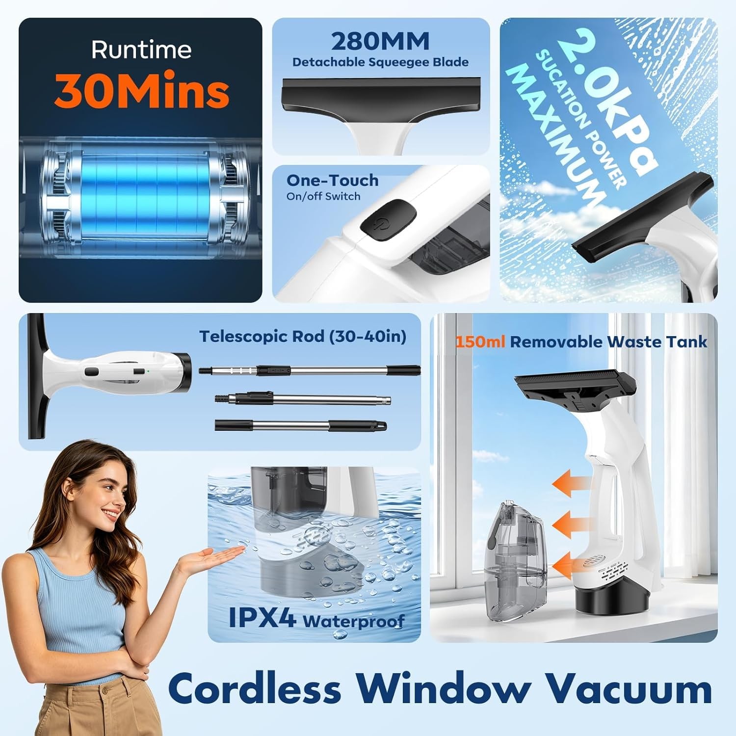 Window Vacuum Squeegee Cordless, 2000Pa Electric Window Cleaner Tool