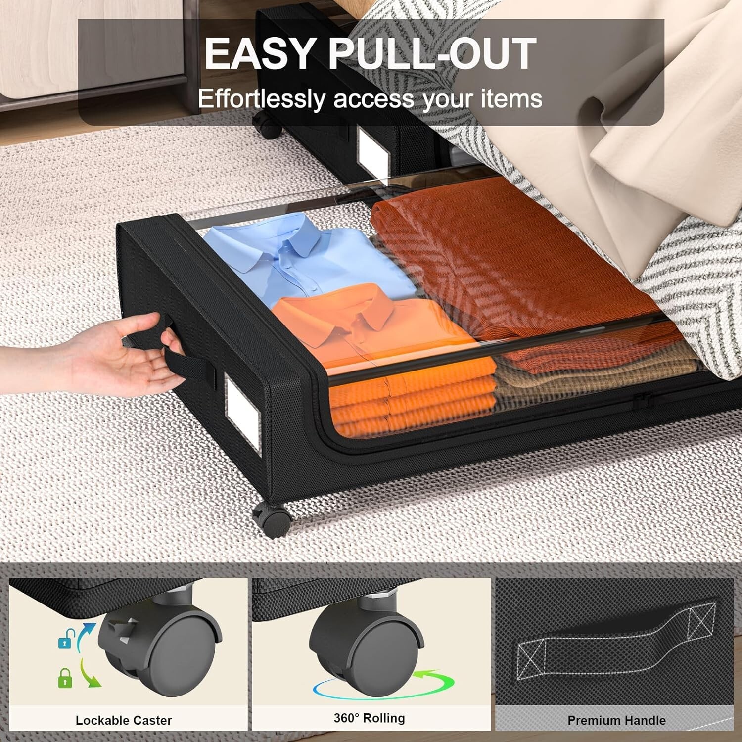 GoMaihe XXL Under Bed Storage | 2-Pack Rolling Bins with Clear Lids for Clothes