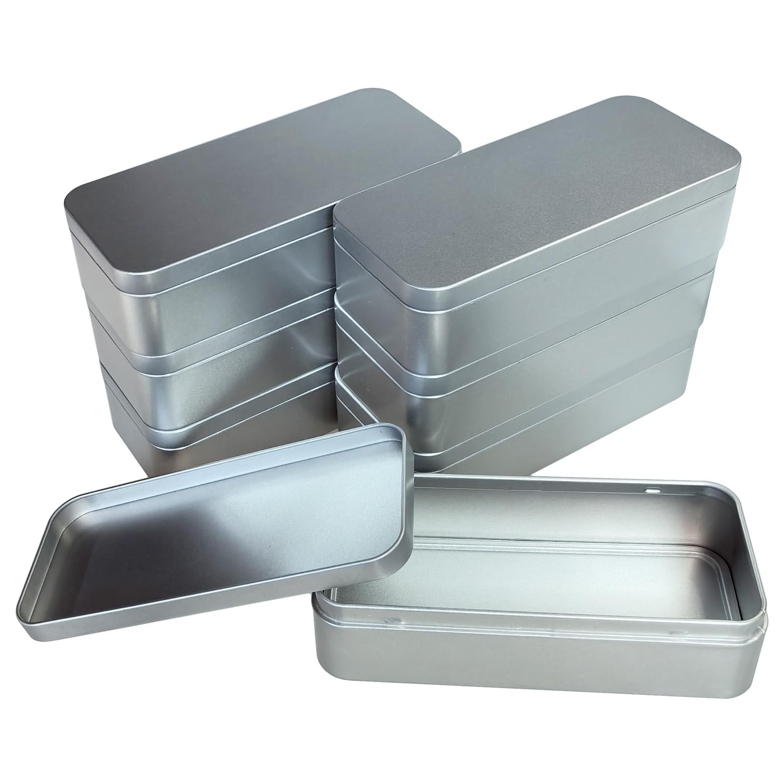 Rectangular Metal Empty Tins 7 PCS Set 5.9×2.75×1.57 inches Silver