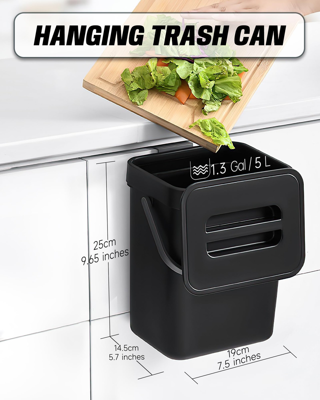 1.3 Gallon 5L Black Countertop Compost Bin Hanging Trash Can With Lid