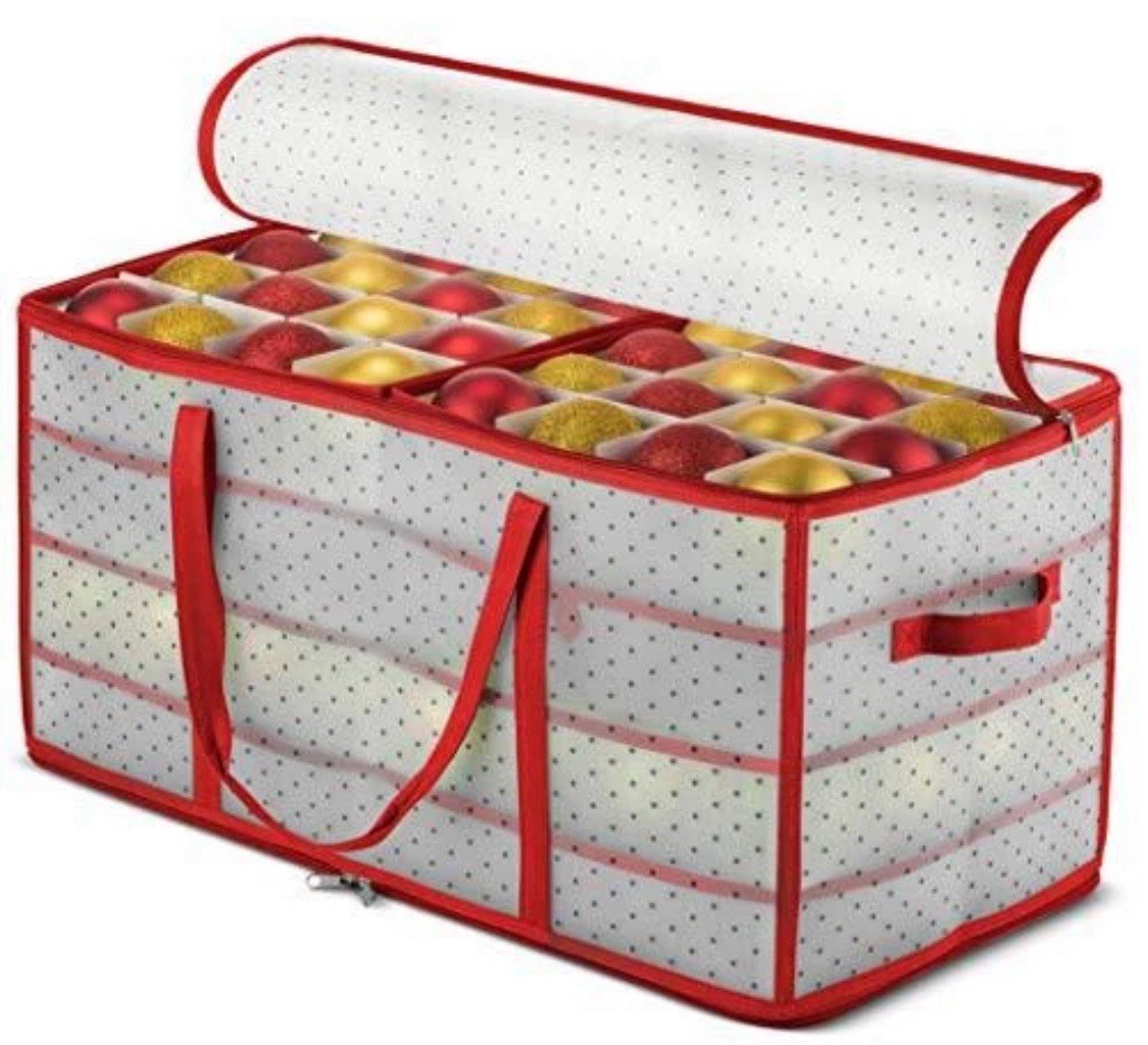 128 Christmas Ornament Plastic Storage Box w/ 2-Sided Dual-Zipper Red (26 X 13)