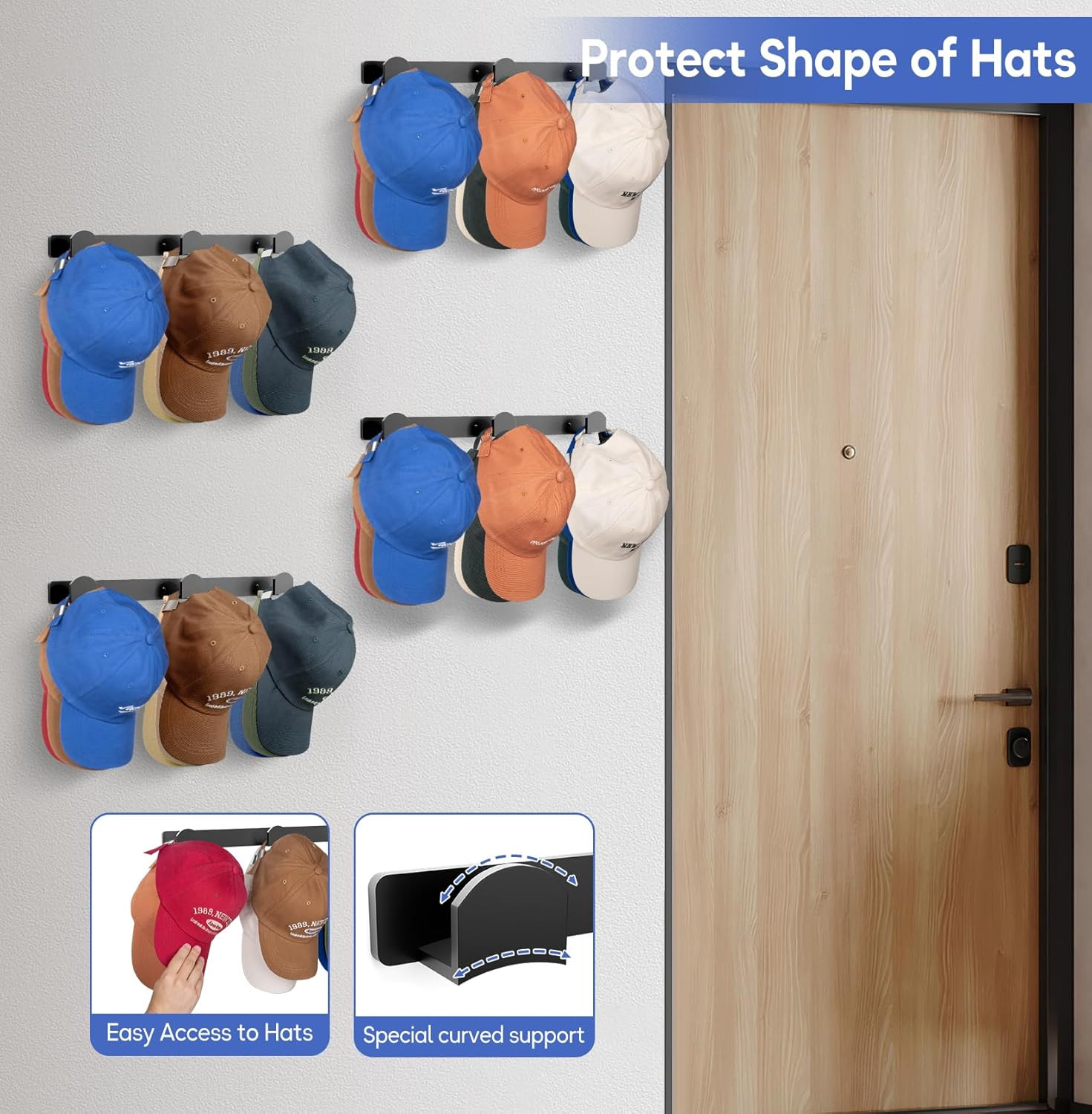 4 Packs Hat Rack for Wall, Hat Organizer for Baseball Caps Holds 36 Hats