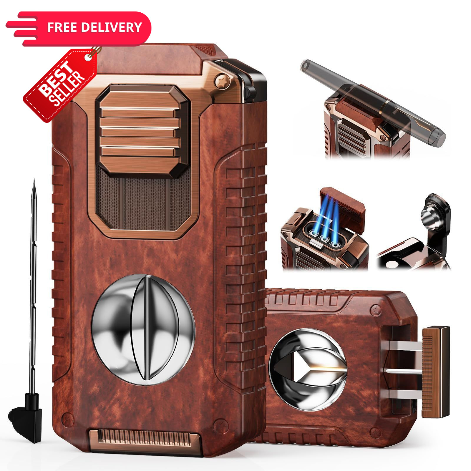 5-in-1 Torch Lighter with Cutter, Punch, 3.35*1.67*0.92 inches, Redwood