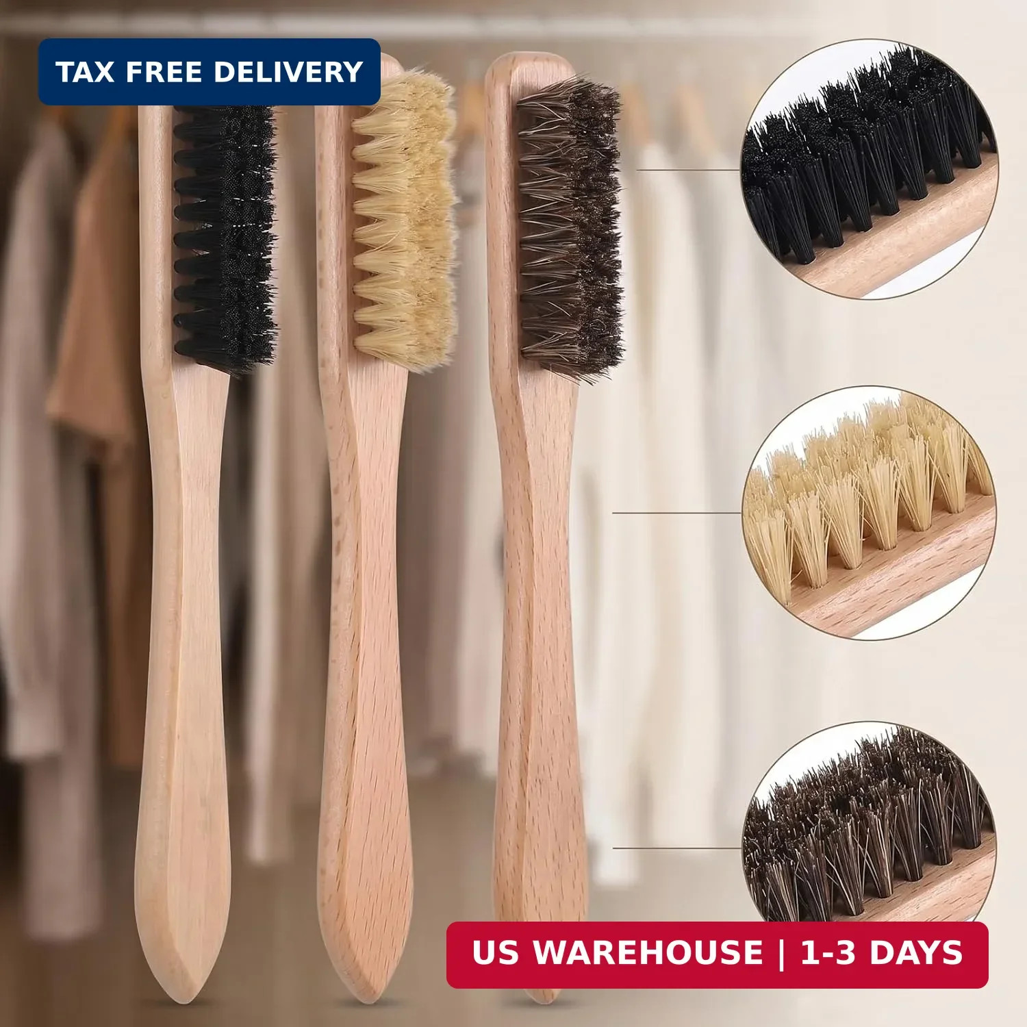 3pcs Wood Laundry Stain Brush Set Tough Stain Remover Boar Bristle Brushe