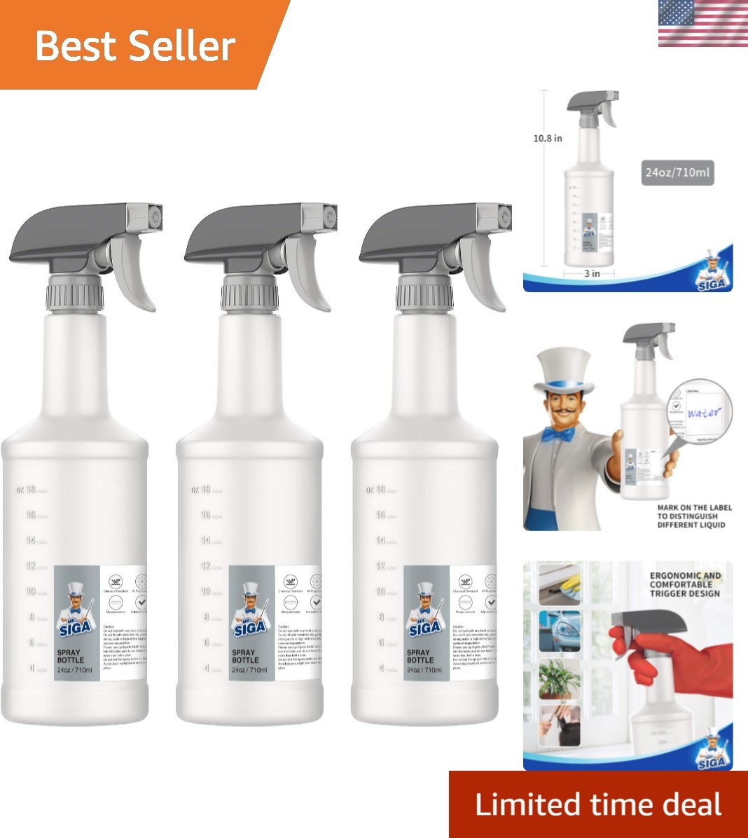 24 oz Empty Plastic Spray Bottles for Cleaning Solutions, 3 Pack | Heavy duty…