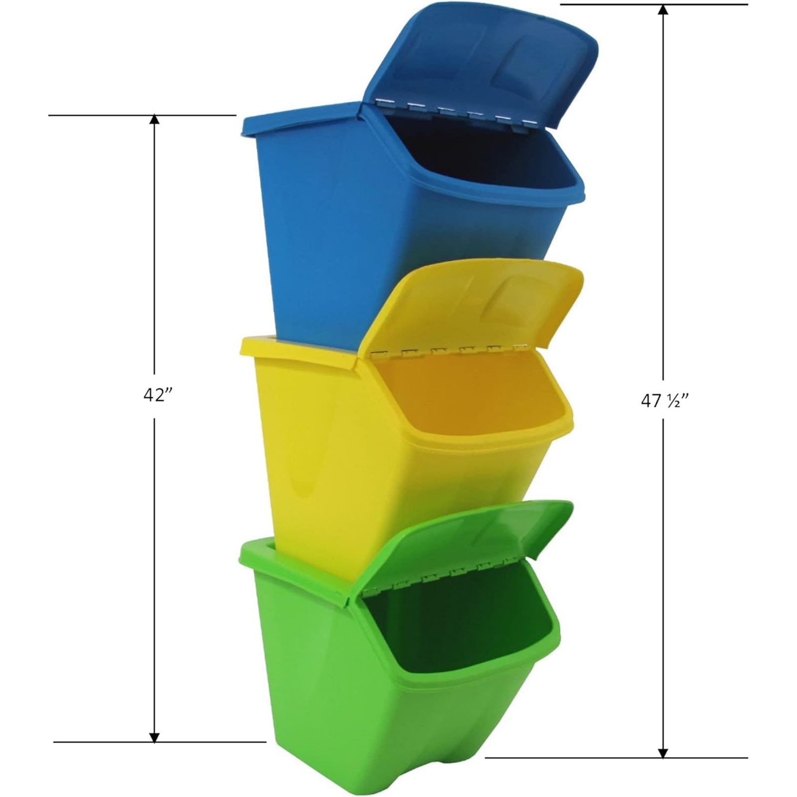 Redmon 10-Gal Stackable Shutter Bins, 3-Piece Recycling Storage Set, Multi-Color