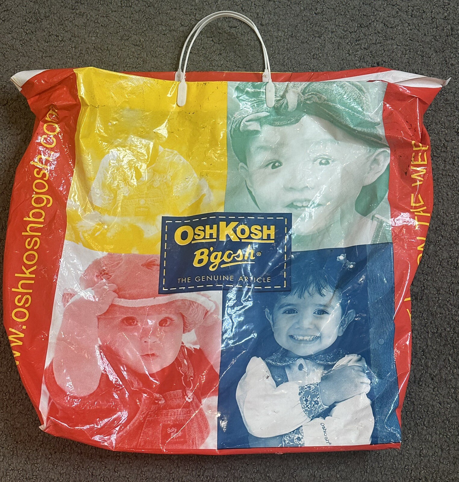 Vintage Oshkosh B’gosh Tote Plastic Shopping Bag Red Yellow Blue 16 x 17.25 x 6”