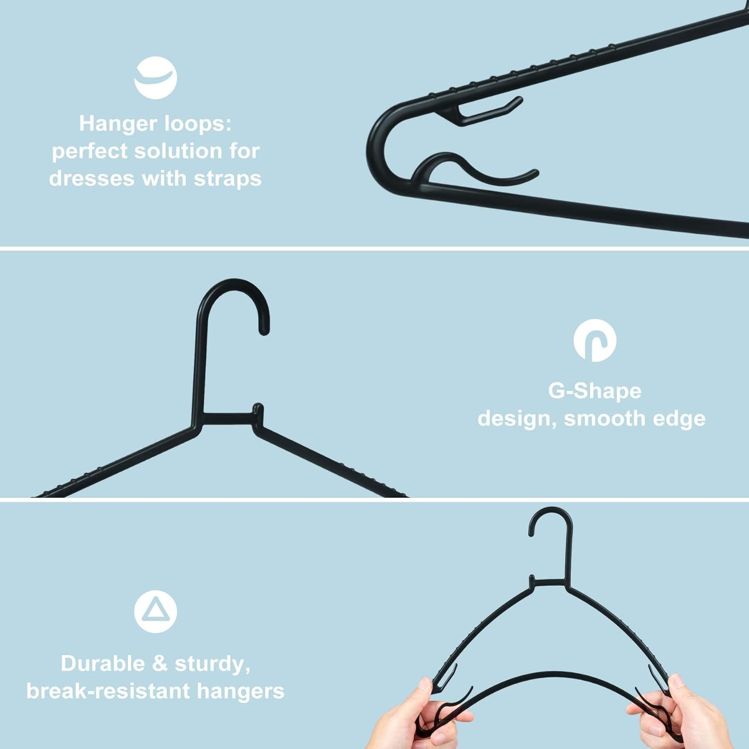 Black Plastic Hangers 50 Pack, Light Weight Durable Clothes Hangers G-Shape Stan
