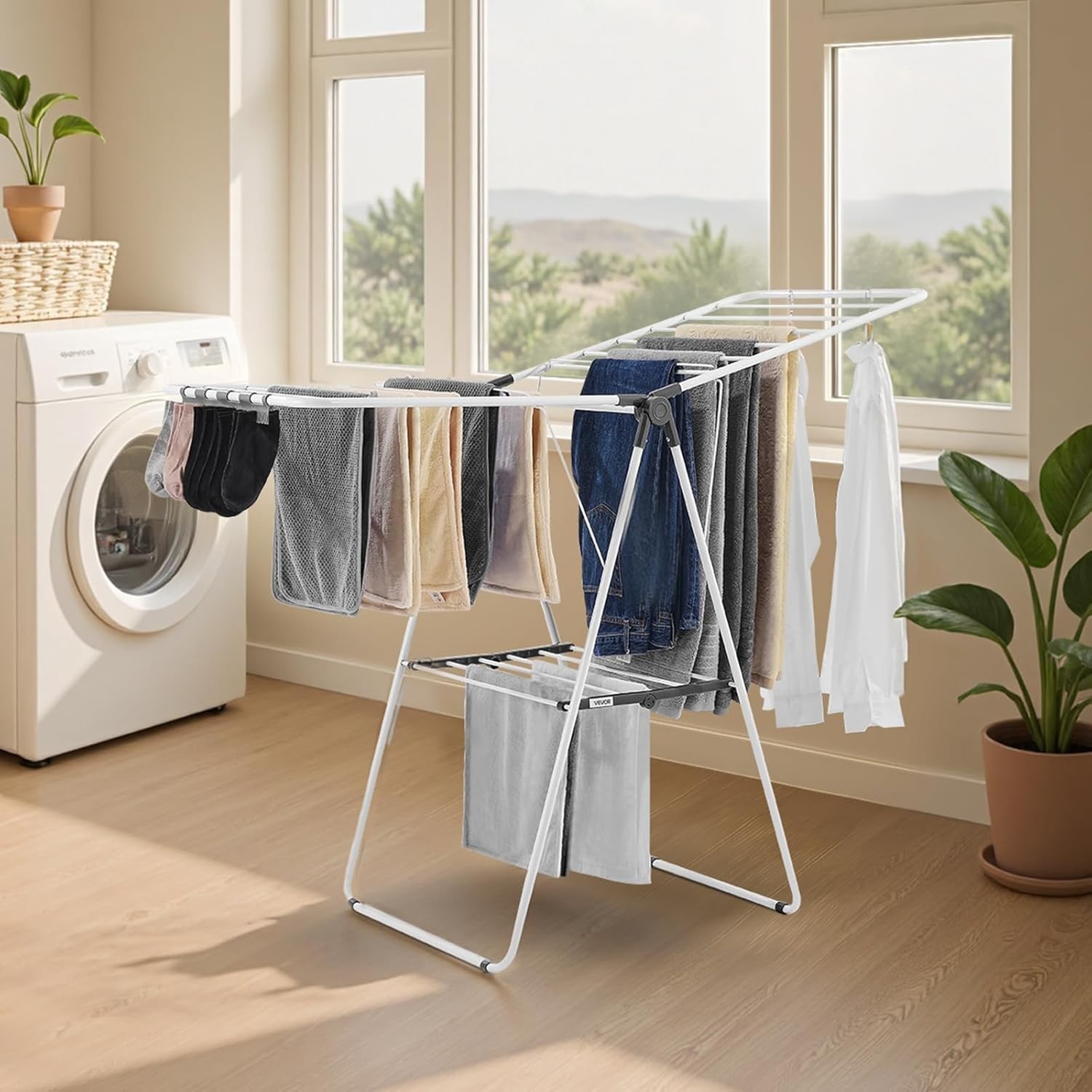 Elegant 2-Tier Foldable Laundry Dryer Rack with Sock Clips – Space-Saving White