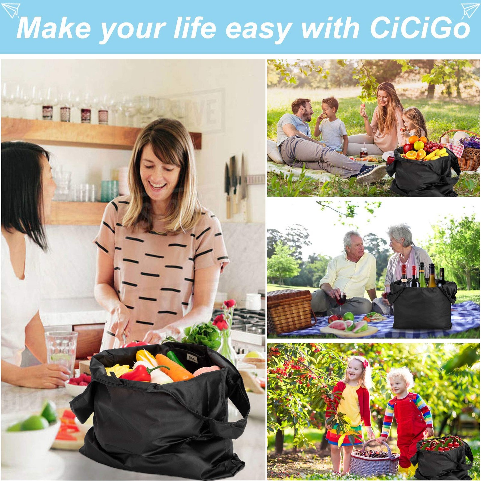 CiCiGo Large Reusable Bags Shopping Washable Foldable 6 Pack Grocery Bags Hea…