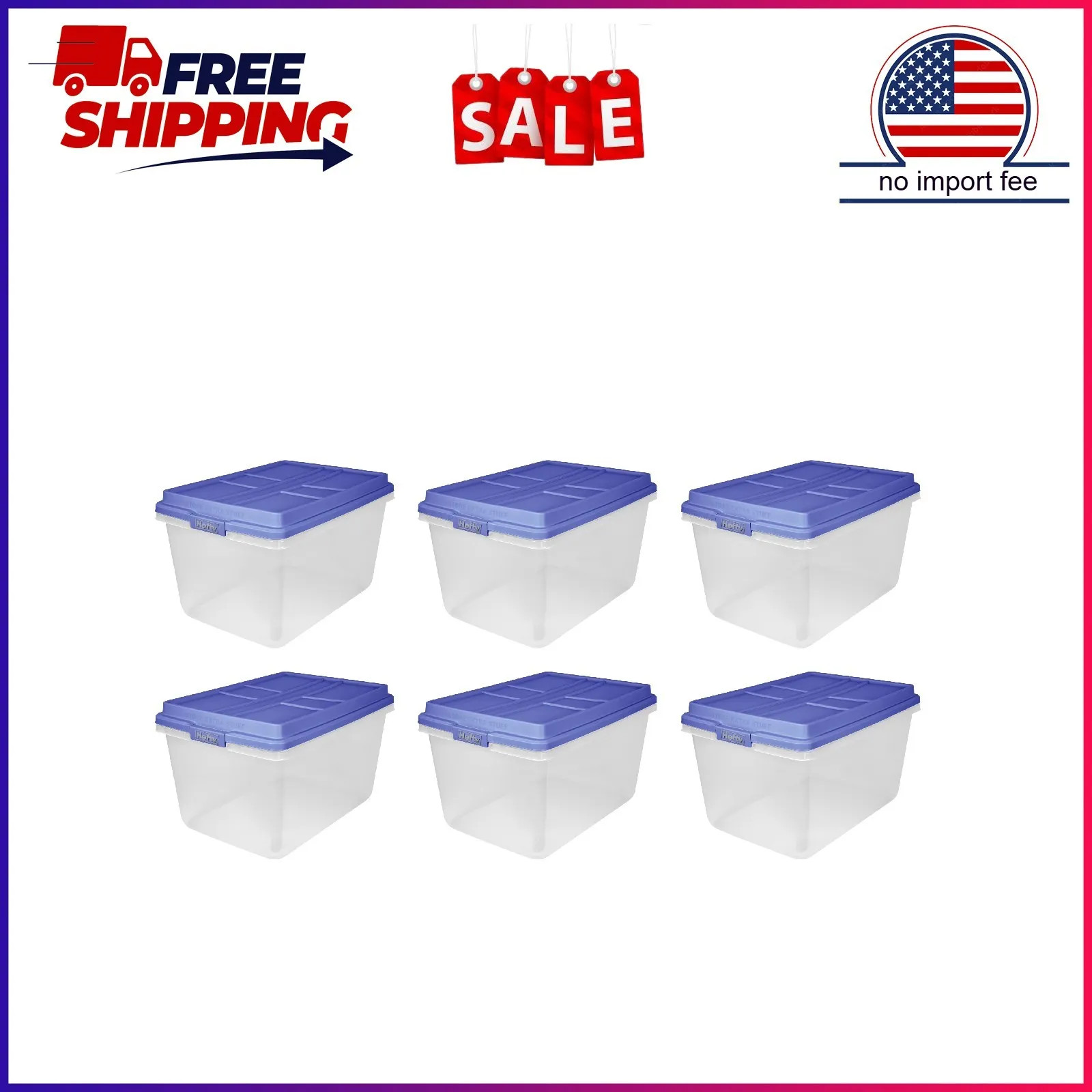 Hefty 72 Qt. Clear Plastic Storage Bin with Blue HI-RISE Lid, 6 Pack
