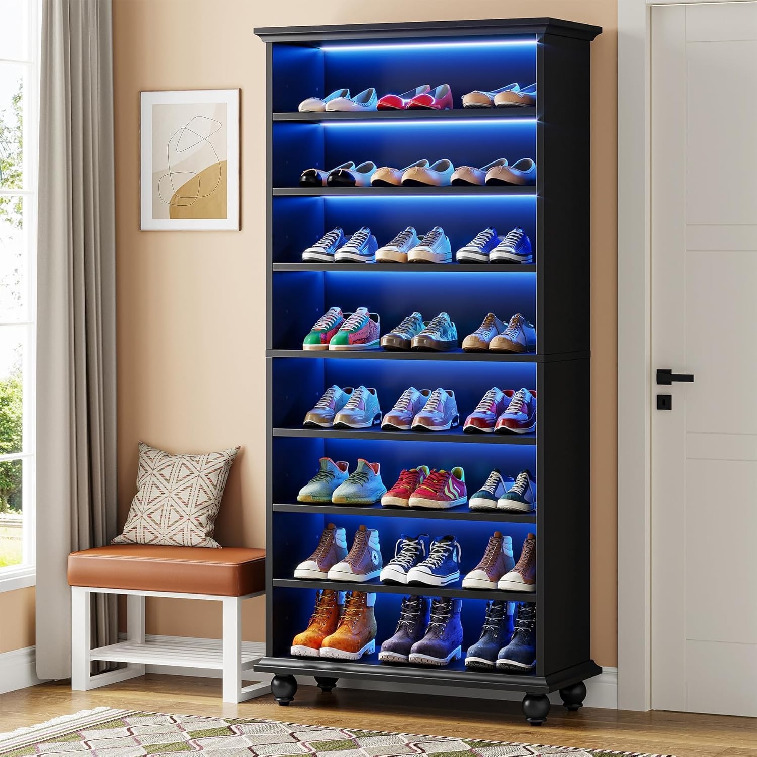 Narrow Tall Shoe Cabinet with LED Lighting, 9-Tier Freestanding Shoes Storage