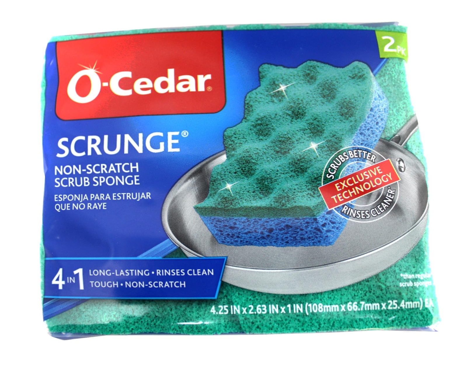 O-Cedar Scrunge Multi-Use Sponge, Non-Scratch, Long-Lasting, Tough, 2 Count